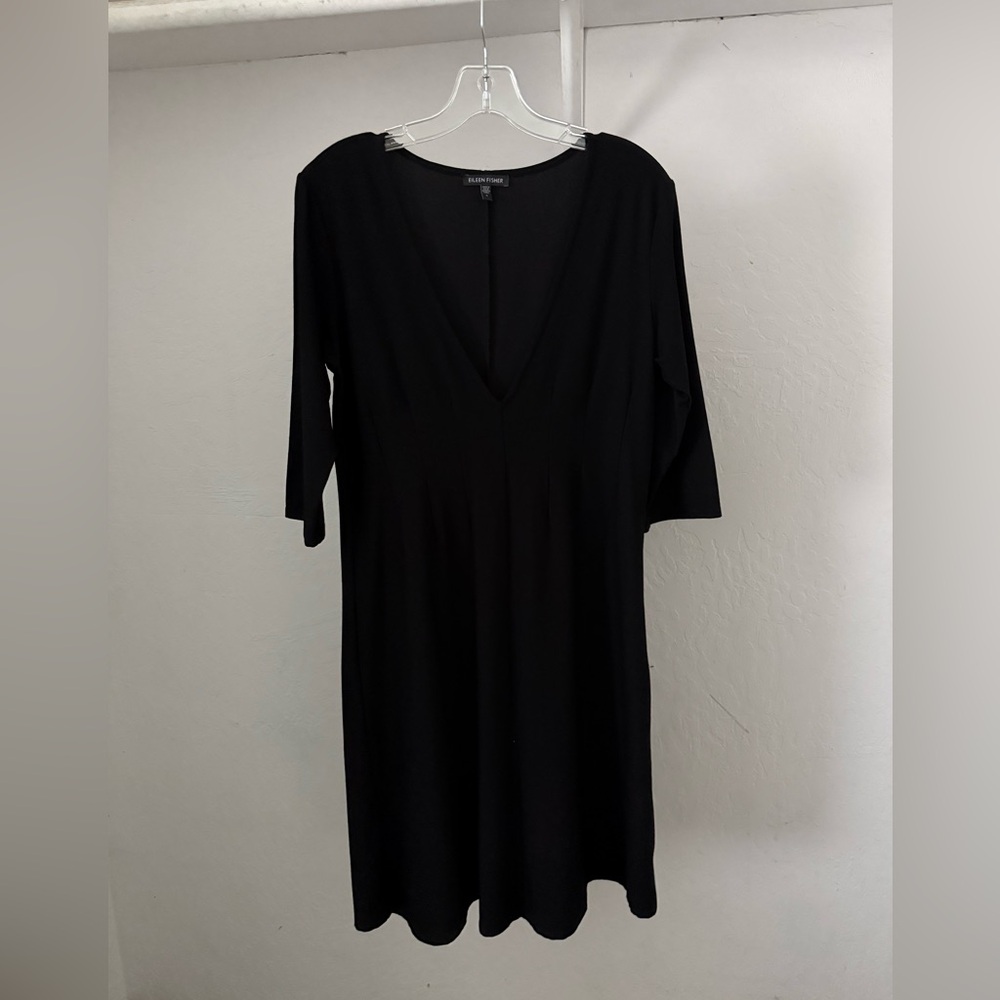Y2K Eileen Fisher Black Washable Stretch Crepe Deep V-Neck Dress